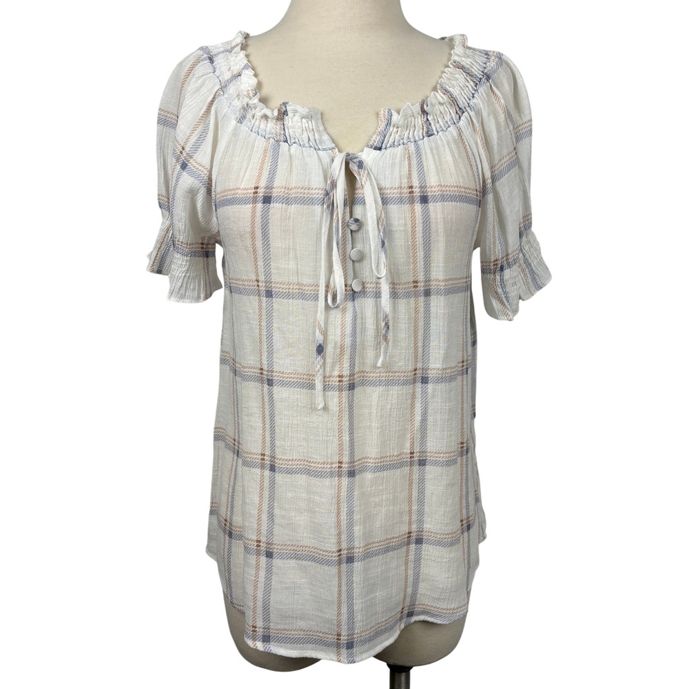 Mine Plaid Peasant Blouse Women's S Tie Neck Smocked Ruffle Sleeve Top